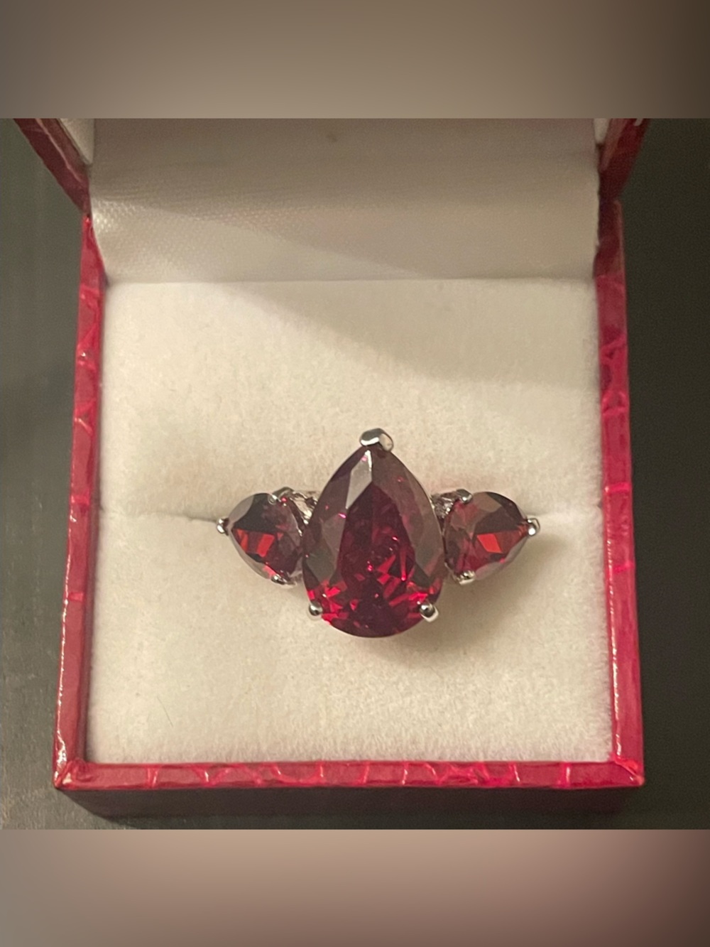 Sterling-Style Pear-Cut Large Faceted Garnet  Trio Ring for Women